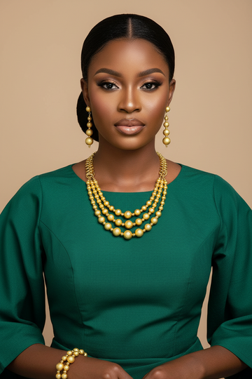 Gold layered bead style necklace set with matching drop earrings worn by a model in green top - Fancydaria women's gold jewelry