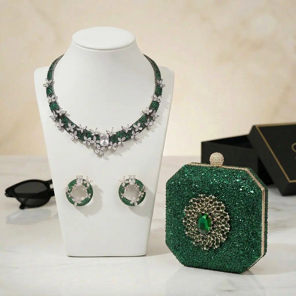 Green jewelry set with necklace, earrings, and clutch on a white surface.