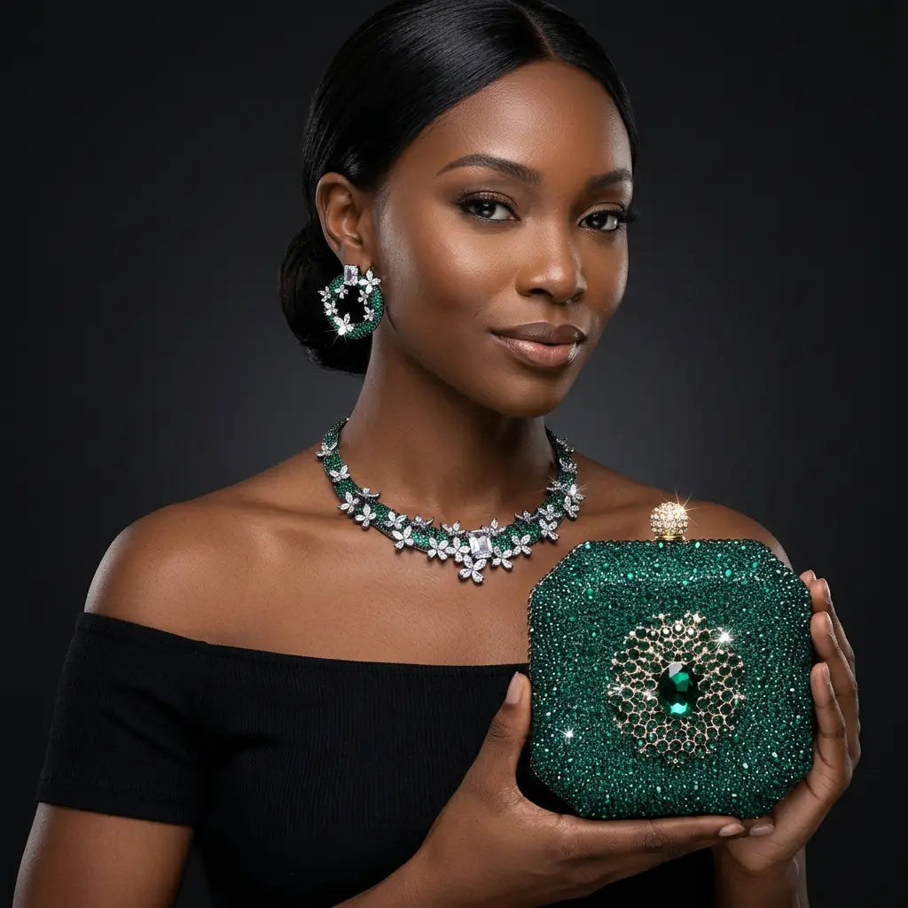 Woman holding a green clutch with intricate design against a dark background