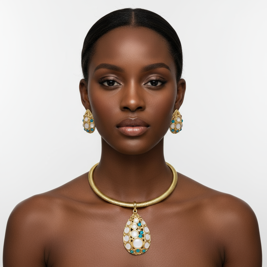 Woman wearing a gold necklace with a pendant and earrings on a plain background