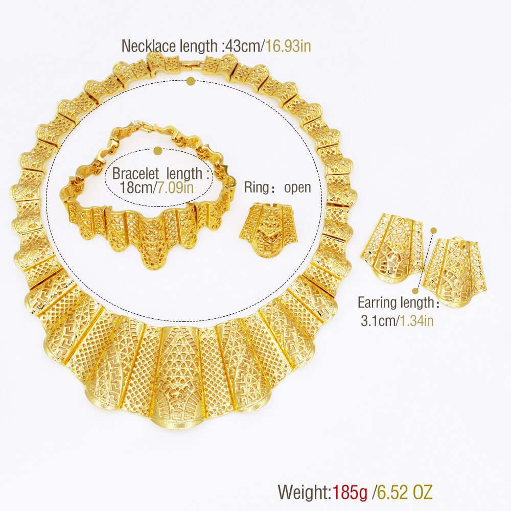 Gold jewelry set with necklace, bracelet, ring, and earrings on a white background