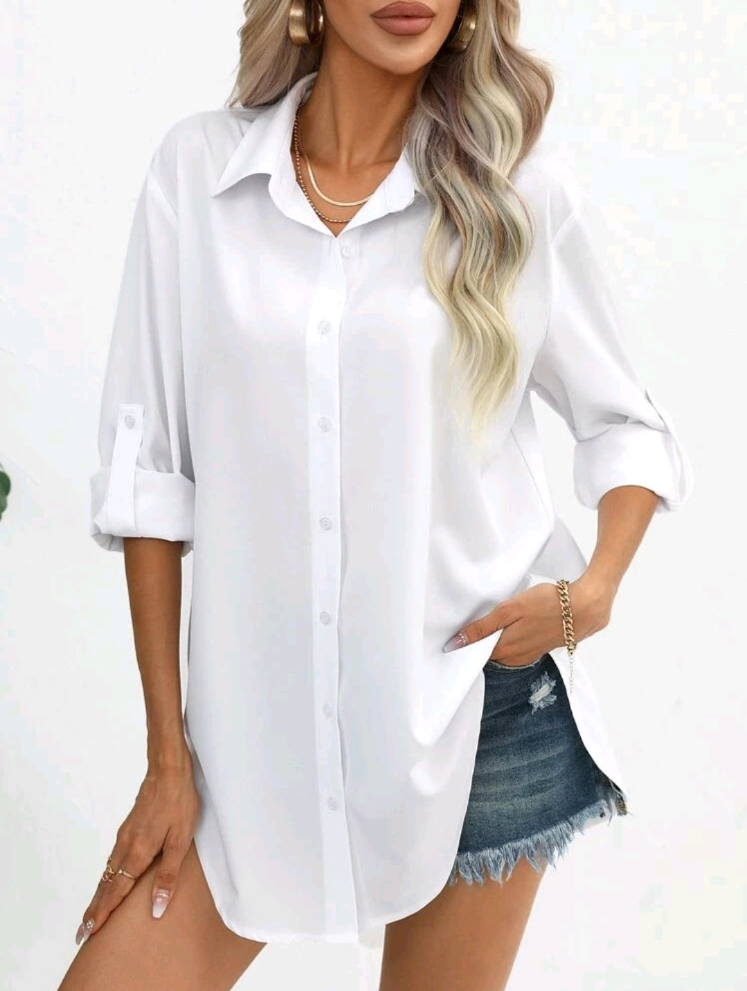Solid Button Front Roll Up Sleeve Curved Hem Shirt image 4