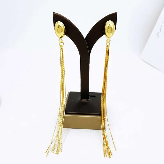 Golden Cascade Long Tassel Earrings – 18K Gold-Plated Statement Drop Earrings for Women | FancyDaria Jewelry