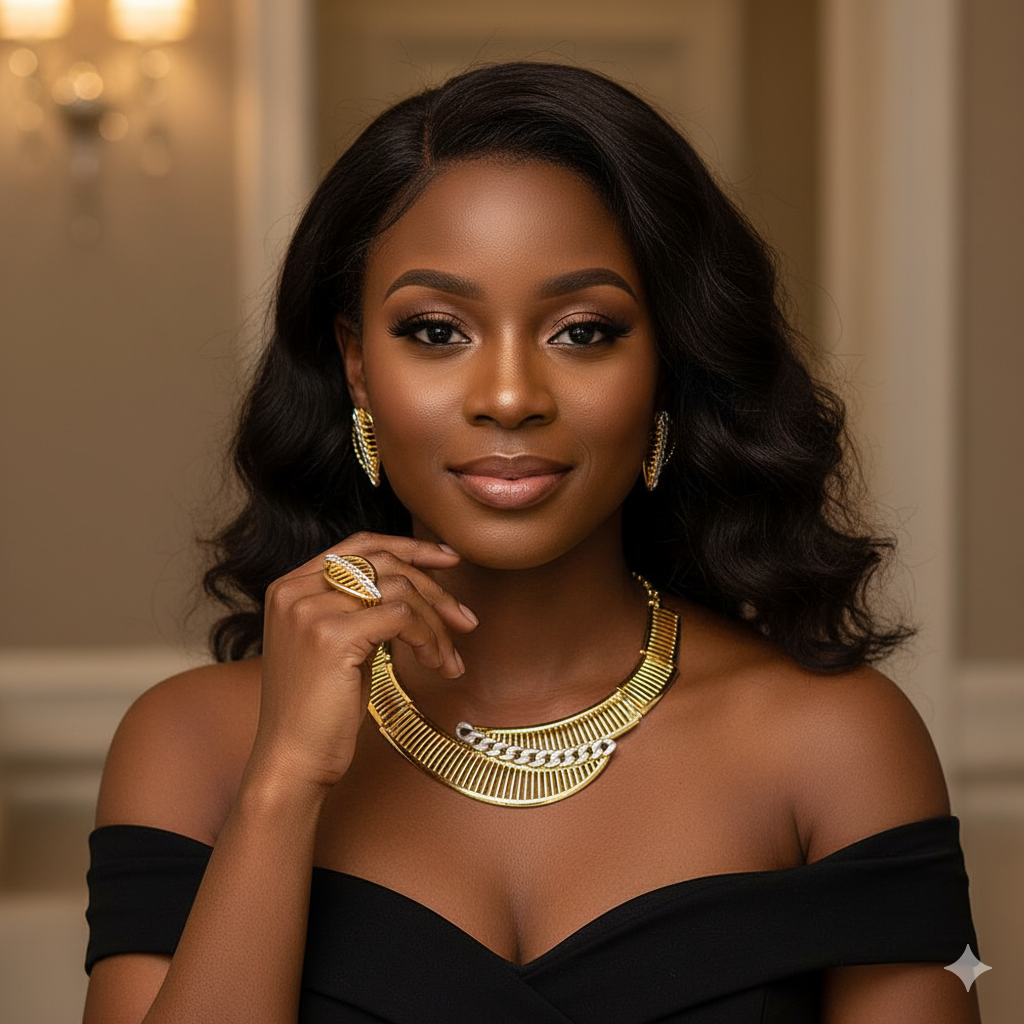 Woman wearing a gold necklace and black off-shoulder top indoors.