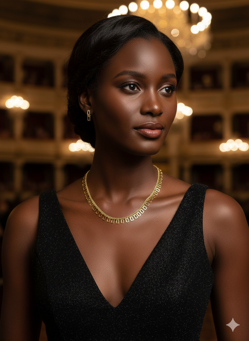 Woman wearing a black dress and gold necklace in an elegant indoor setting with chandeliers.