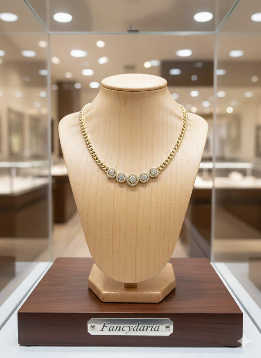Gold necklace on a mannequin bust with 'Fancydaria' branding in a store setting