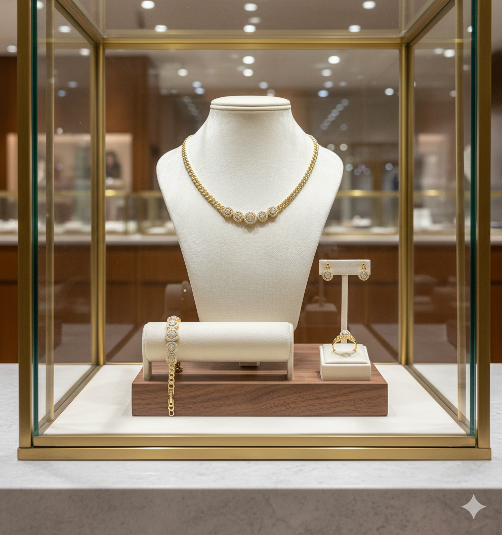 Gold jewelry set on a mannequin bust in a glass display case.