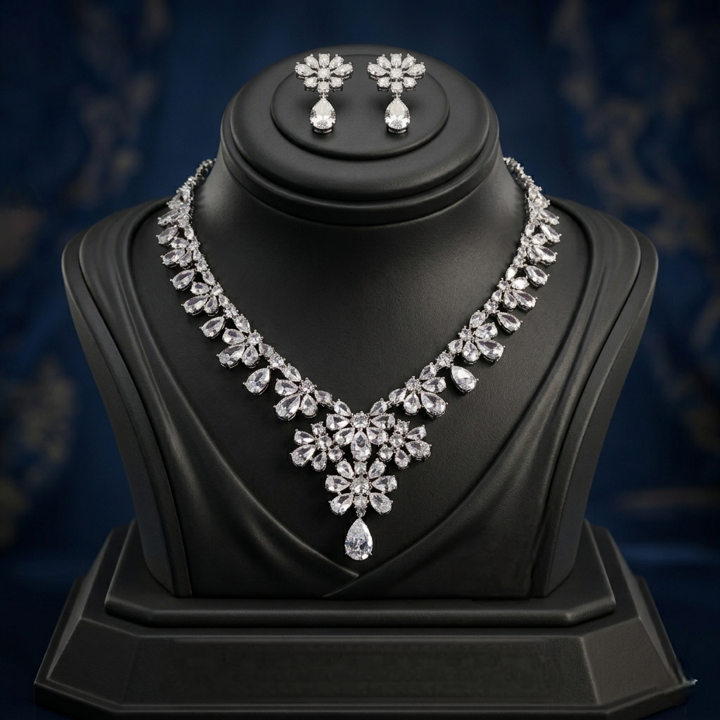 Diamond necklace and earrings on a black bust with a dark blue background