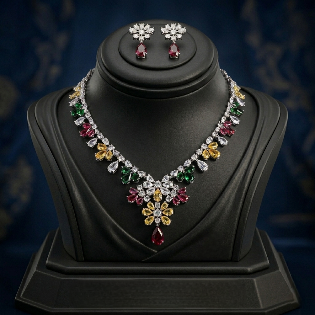 Jewelry set with necklace and earrings on a black stand against a dark background