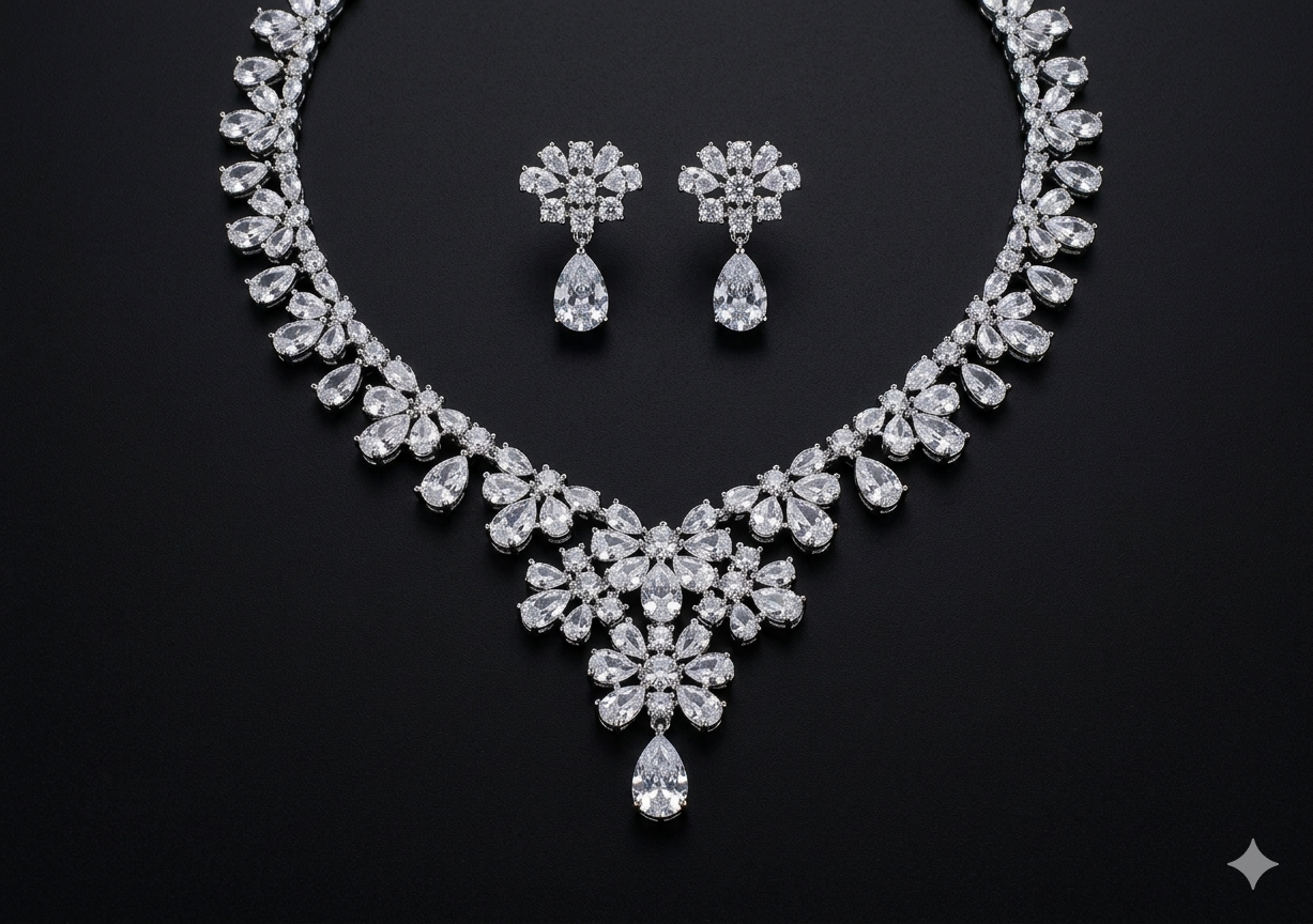 Diamond necklace and earrings on a black background