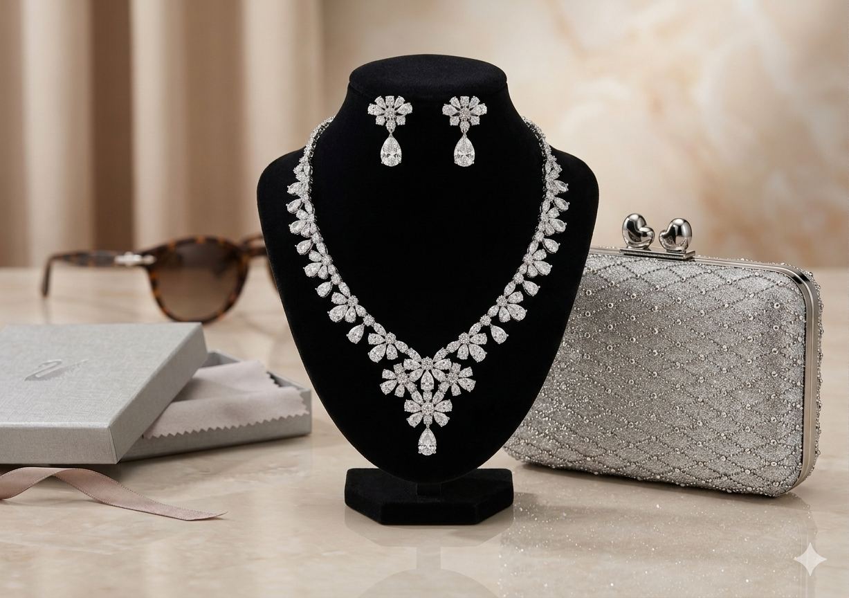 Jewelry set with necklace and earrings on a black stand, with sunglasses and a silver clutch in the background.