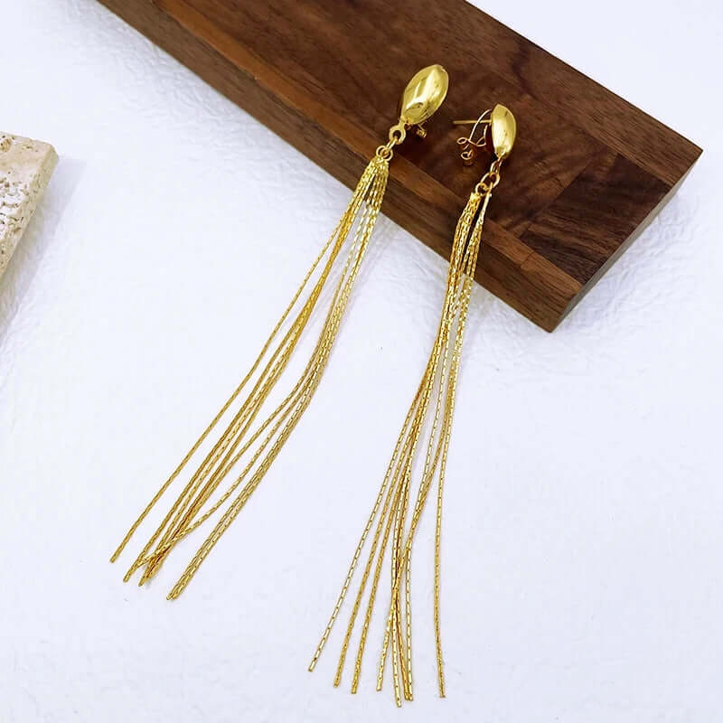 Golden Cascade Long Tassel Earrings – 18K Gold-Plated Statement Drop Earrings for Women | FancyDaria Jewelry