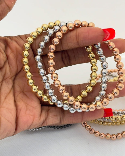 Stackable Gold, Silver & Rose Gold Beaded Bracelets | Stretch Wrist Candy Jewelry for Women