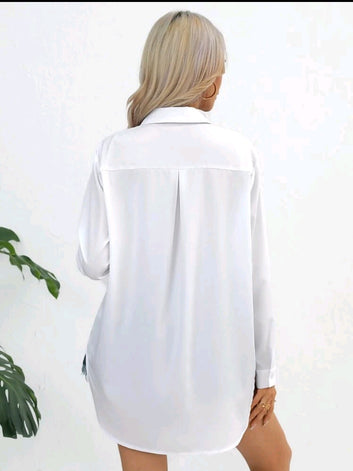Solid Button Front Roll Up Sleeve Curved Hem Shirt