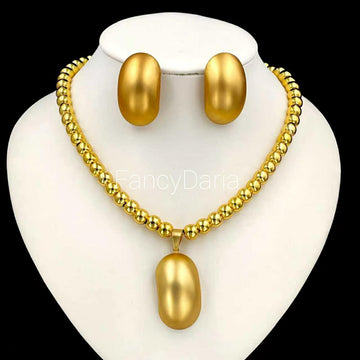 Omolara Bead and Bean Pendant Jewelry Set, 2 Piece Necklace and Earrings for Women, Gold and Silver