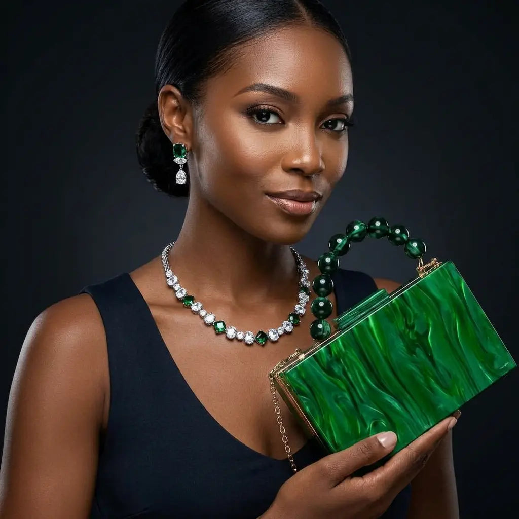 Woman holding a green handbag against a dark background