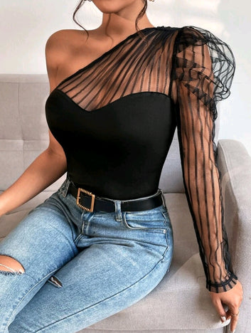 One Shoulder Mesh Sleeve Top