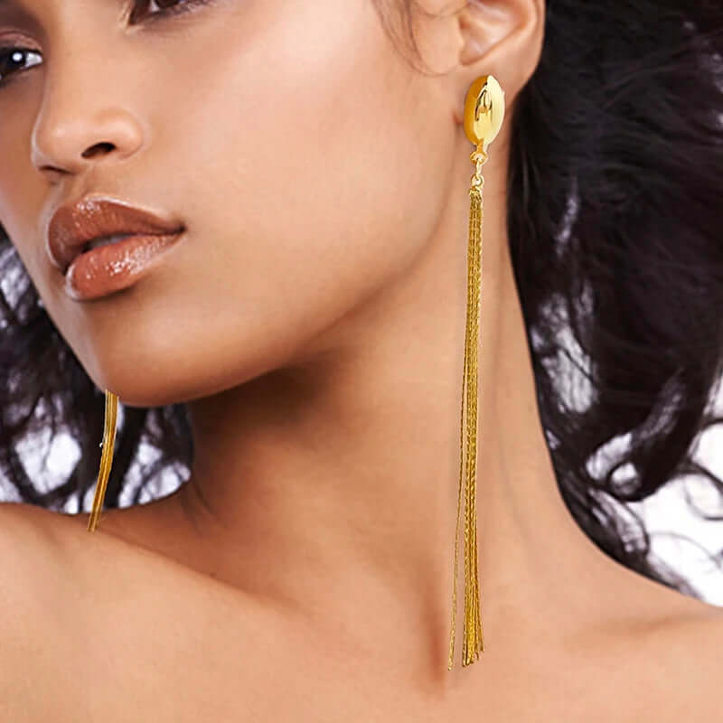 Golden Cascade Long Tassel Earrings – 18K Gold-Plated Statement Drop Earrings for Women | FancyDaria Jewelry