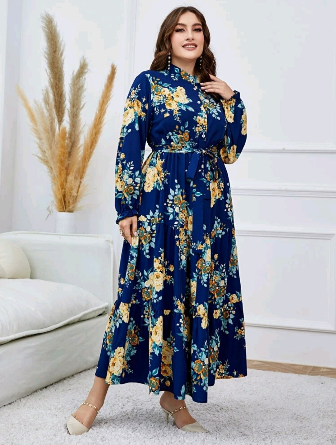 Floral Print Ruffle Hem Belted Dress image 7