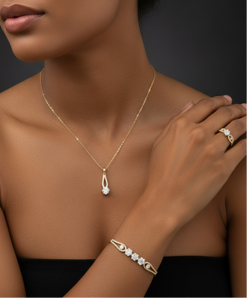 Woman wearing gold jewelry including a necklace, bracelet, and earrings on a dark background
