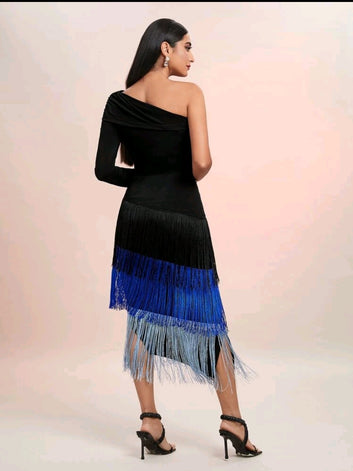 One Shoulder Fringe Hem Colorblock Dress