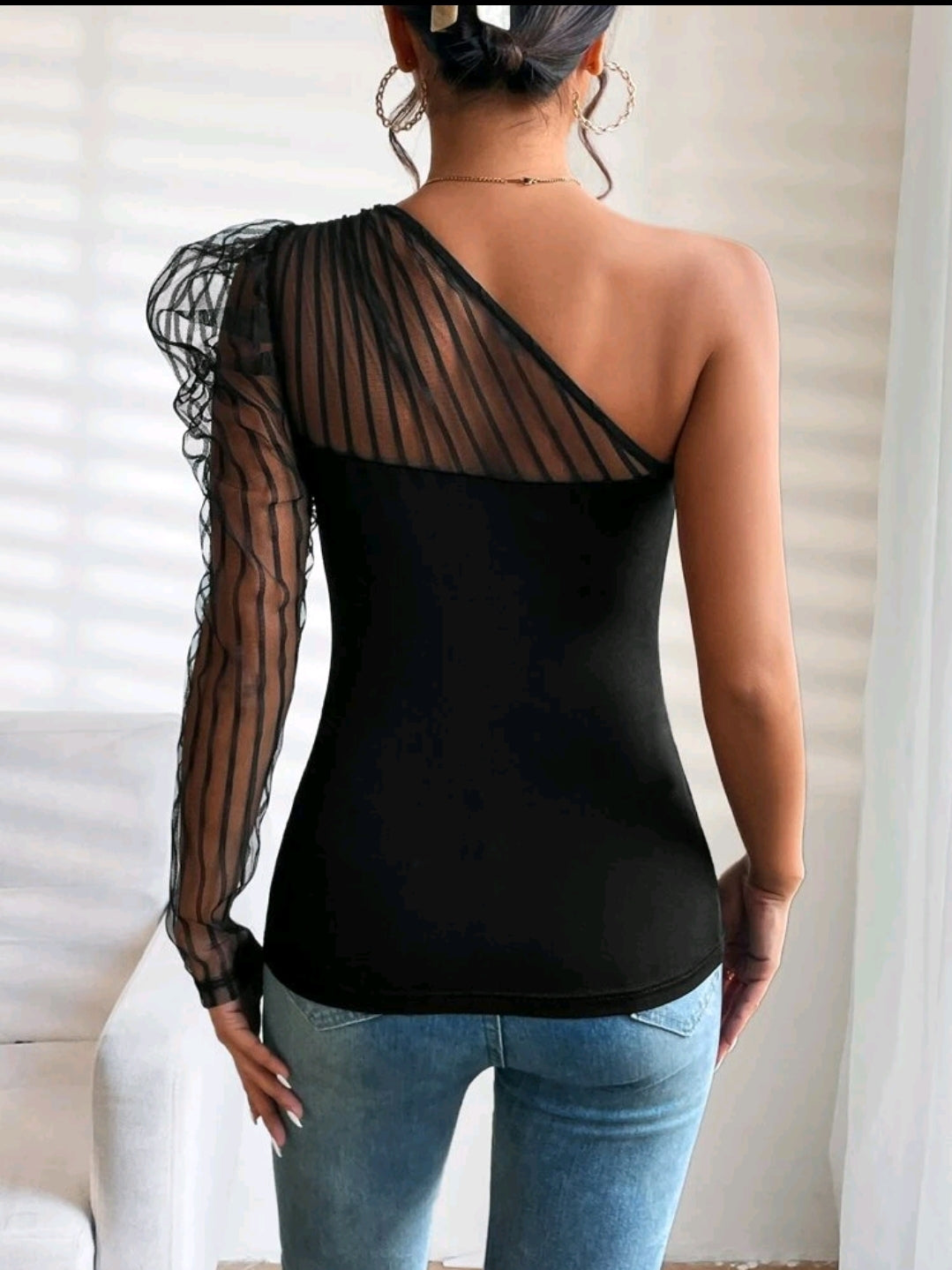 One Shoulder Mesh Sleeve Top image 2