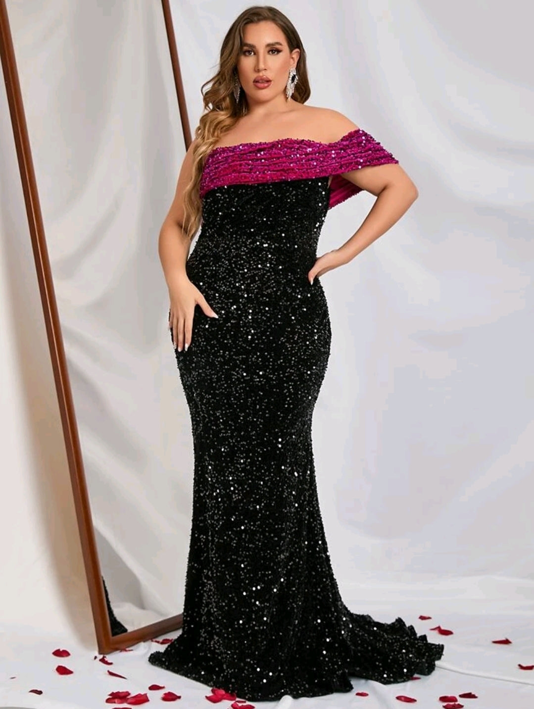 Off Shoulder Ruffle Trim Mermaid Hem Sequin Dress  image 0