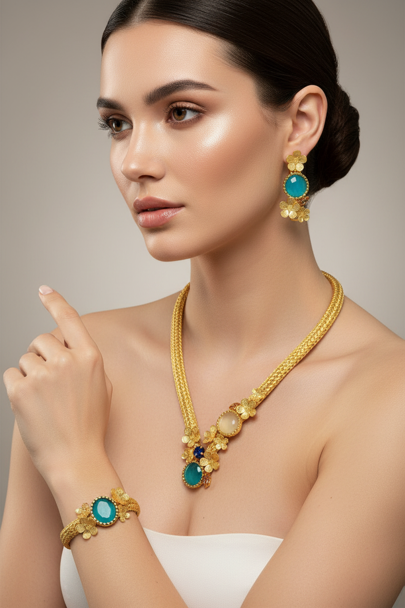 Woman wearing gold jewelry with turquoise stones on a neutral background