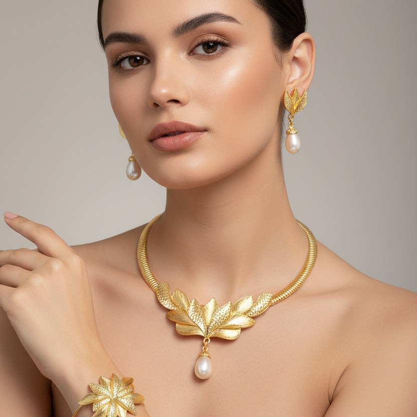 Woman wearing gold jewelry including a necklace, earrings, and bracelet against a neutral background