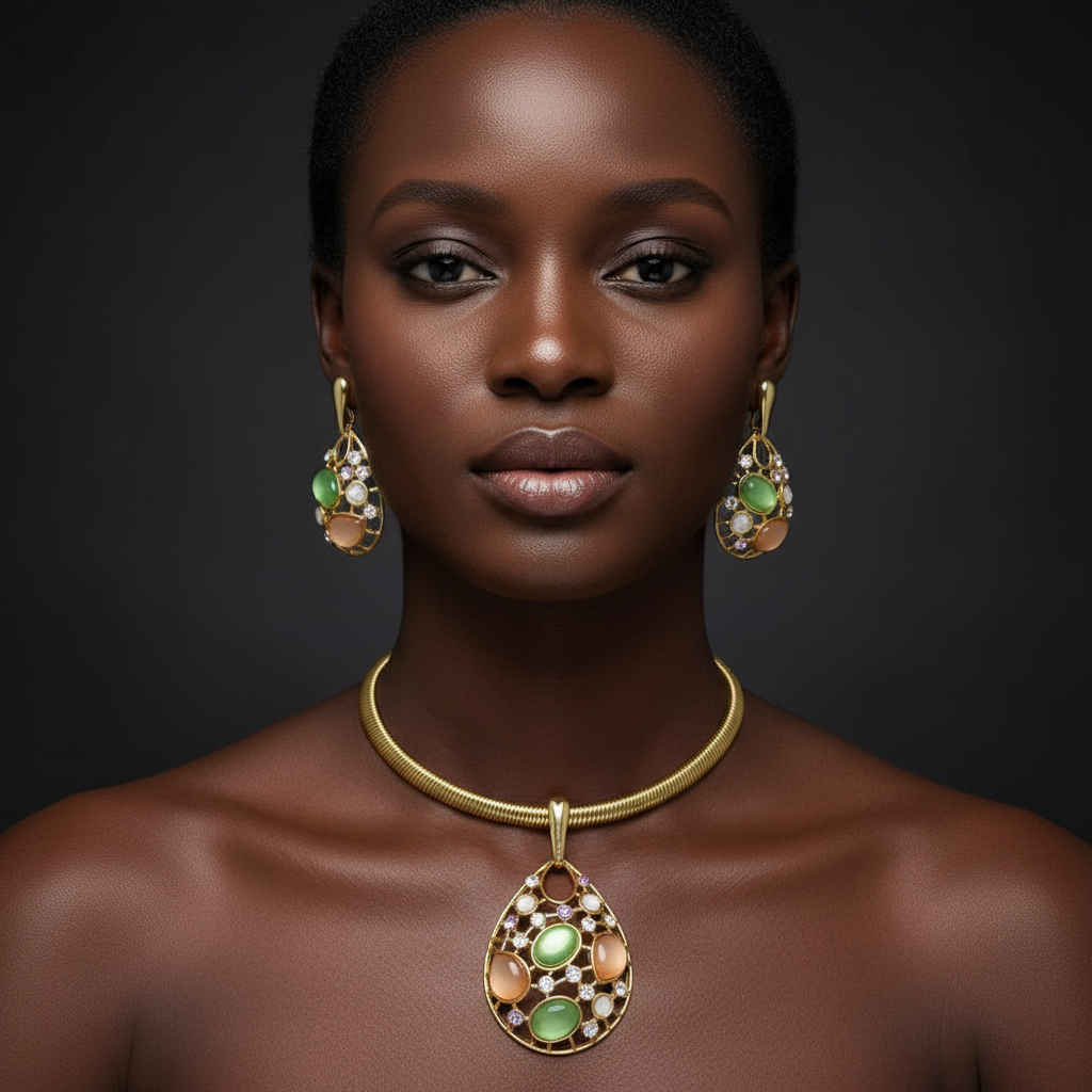 Woman wearing gold necklace and earrings with green gemstones on a dark background