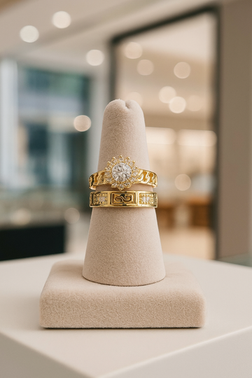Gold ring with a diamond on a beige stand in a blurred indoor setting