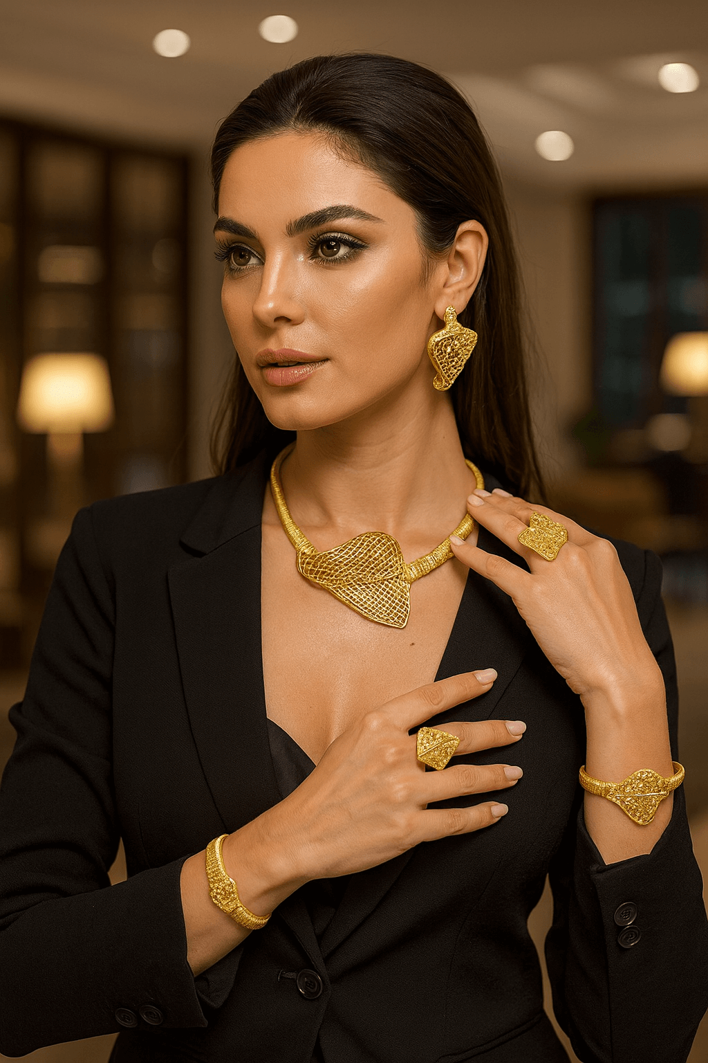 Woman wearing gold jewelry in a blurred indoor setting