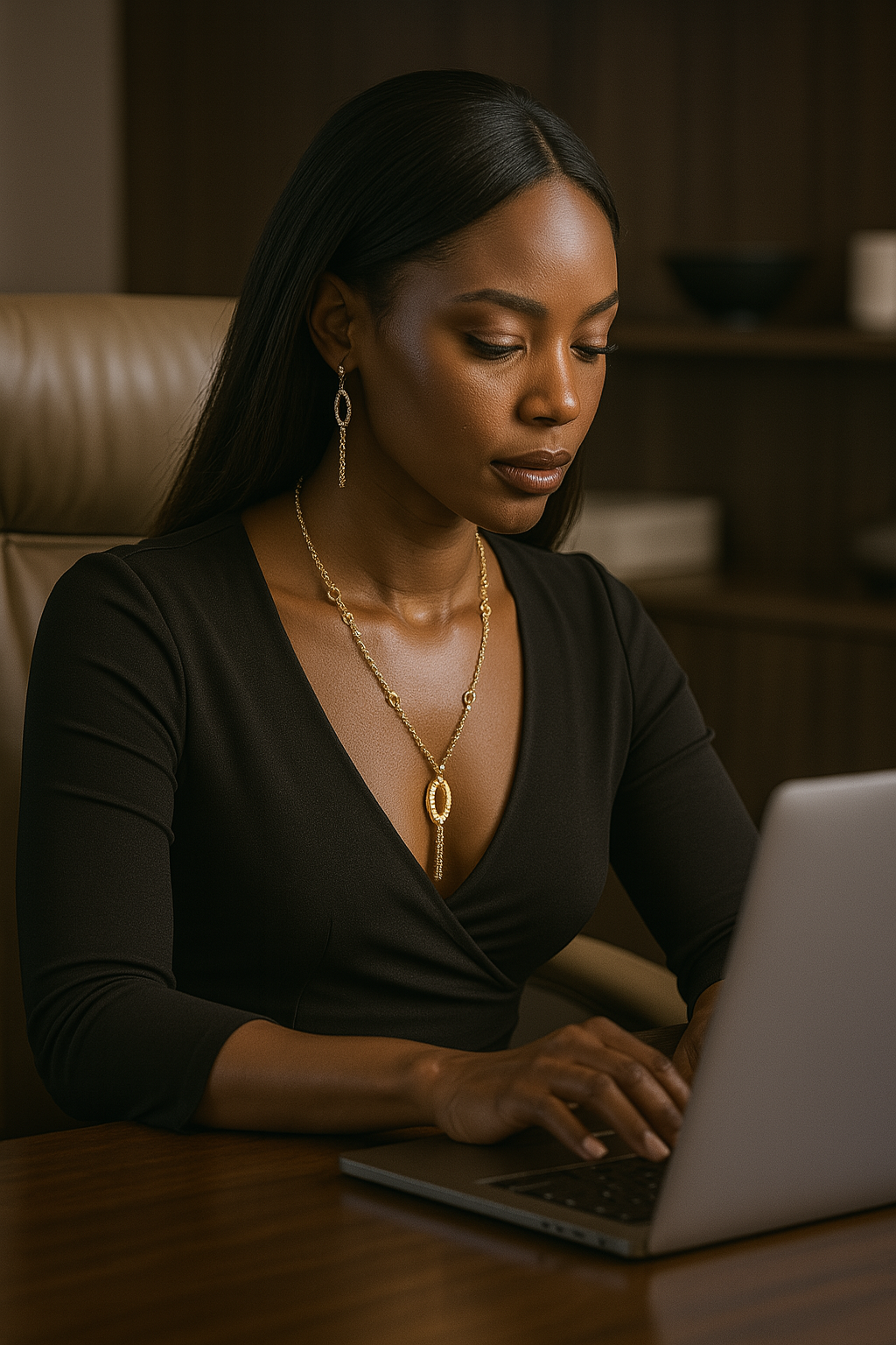 Woman using a laptop in a dimly lit room