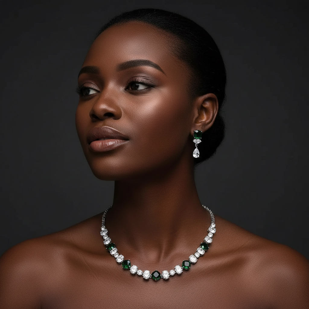 Necklace and earrings set with green and clear stones on a black mannequin.