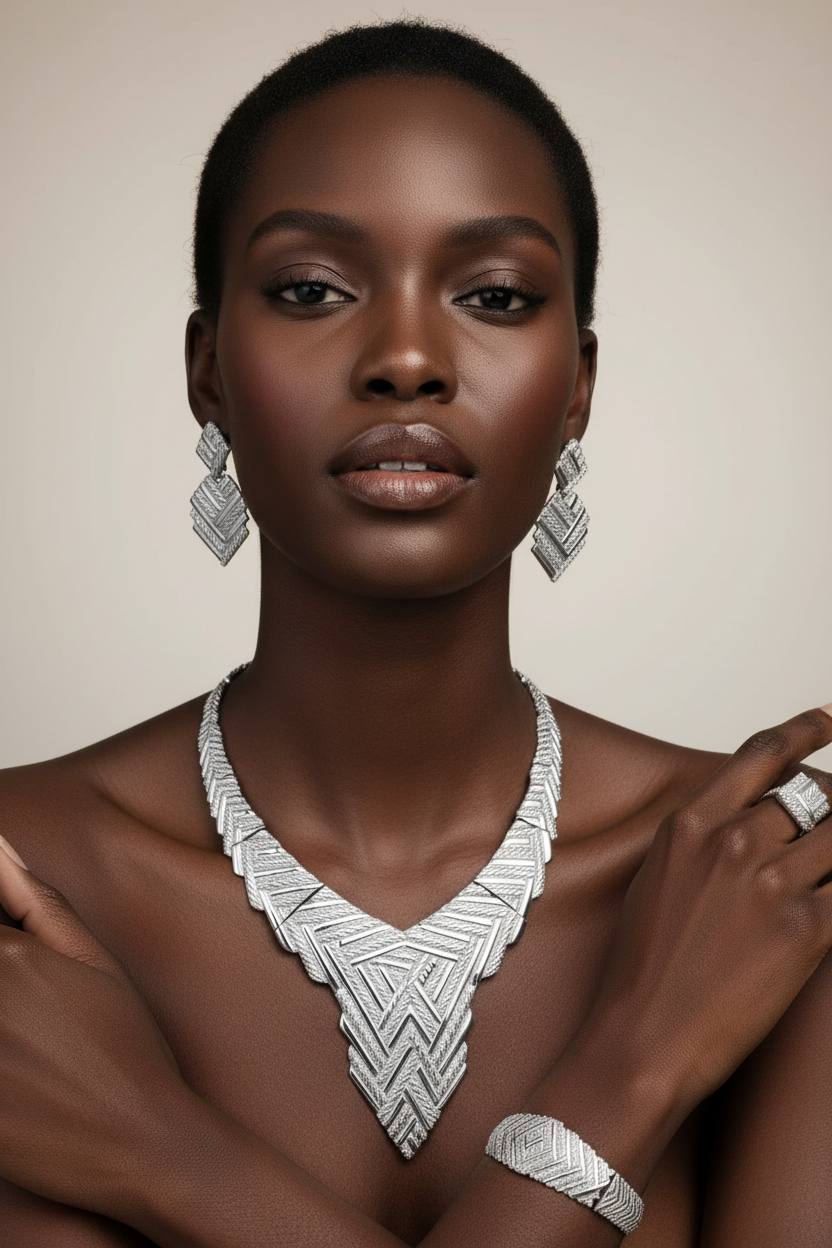 Jewelry set including a necklace and bracelet on a marble stand with a white background