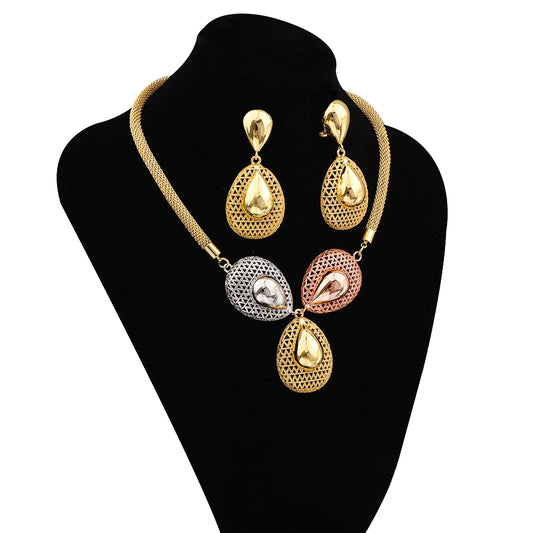 Bisola Three-Tone Gold Plated Jewelry Set – Elegant Necklace, Earrings, Bracelet & Ring for Women