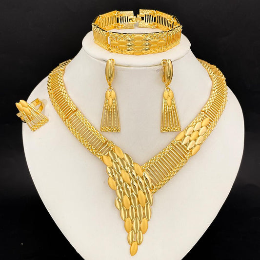Morounke 18k Gold Plated Jewelry Set  V-Shaped Necklace, Earrings, Bracelet & Ring
