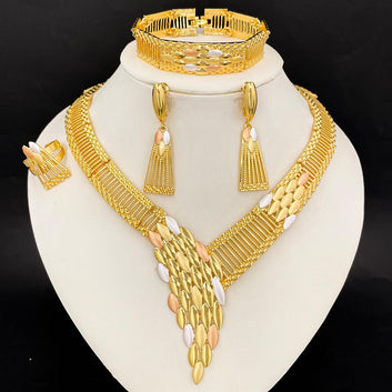 Morounke 18k Gold Plated Jewelry Set  V-Shaped Necklace, Earrings, Bracelet & Ring
