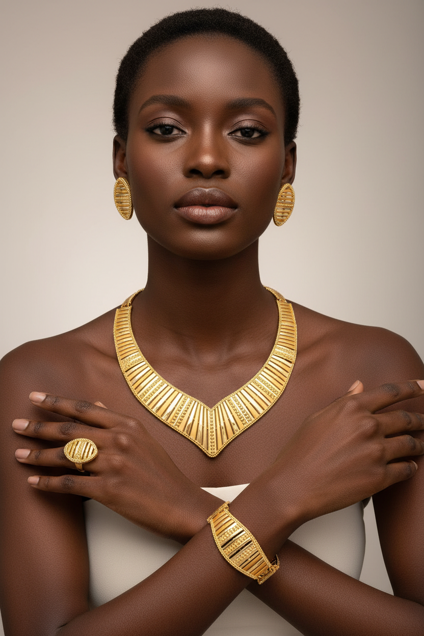 Woman wearing gold jewelry including a necklace, earrings, and bracelet on a neutral background
