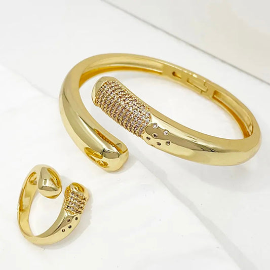 Luxury Rhinestone Cuffed Bangle & Ring Set