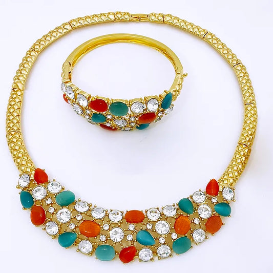 Multicolor Zirconia Cord Jewelry Set – Vibrant Necklace, Earrings, Bracelet & Ring for Women