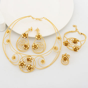 Augusta 18k Gold Plated Floral Jewelry Set – Necklace, Earrings, Bracelet & Ring