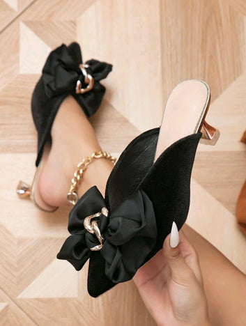 Velvet Chain & Bow Mule Pumps