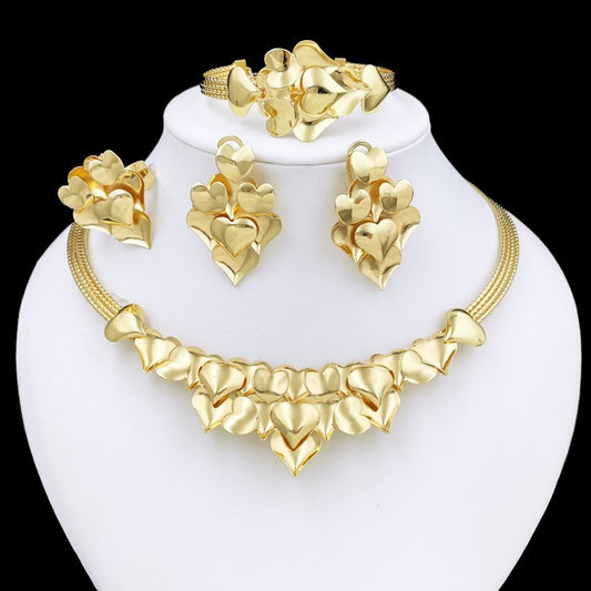 Heart of Love Party Jewelry Set – Gold Plated Necklace, Earrings, Bracelet & Ring for Women