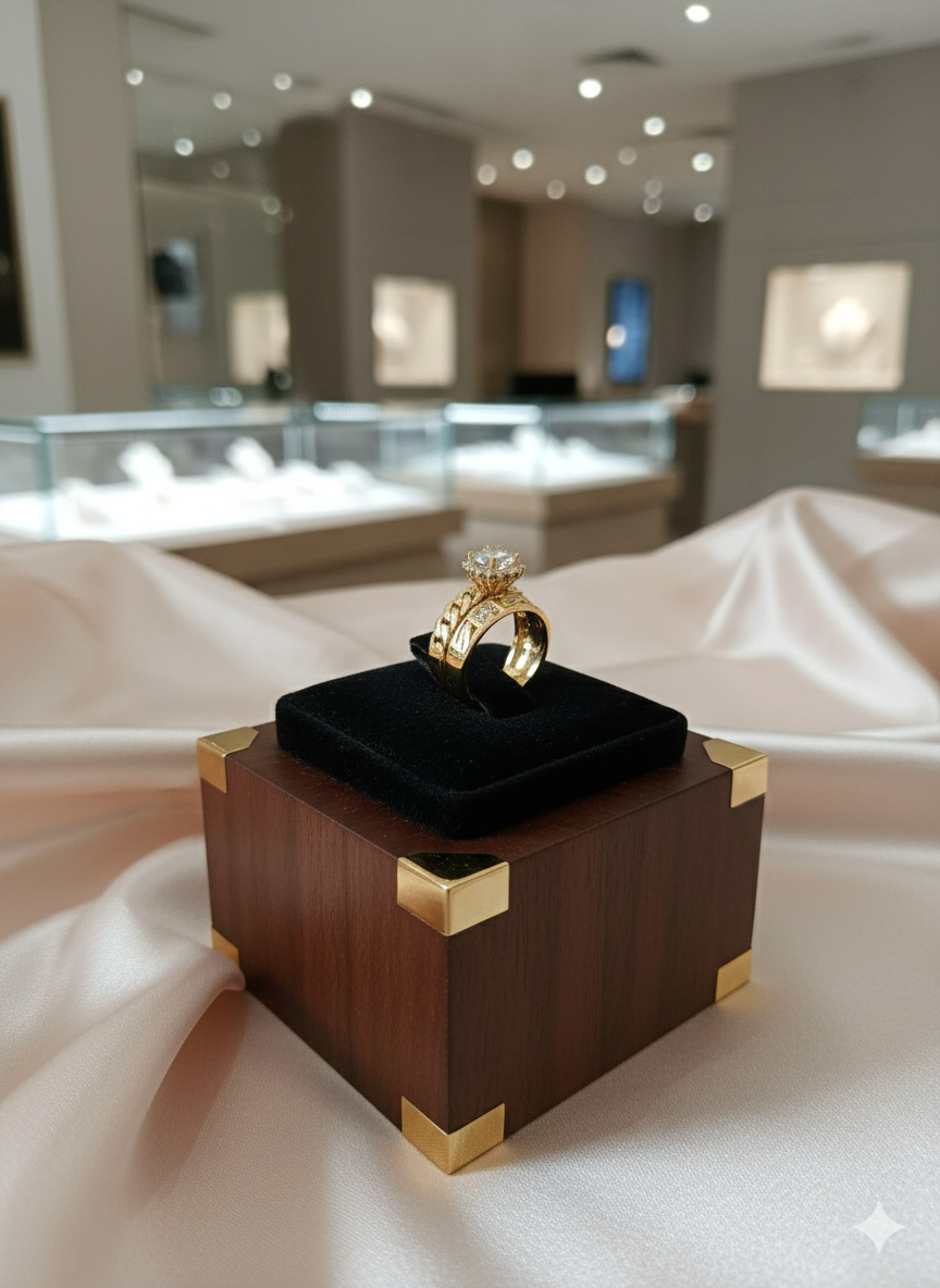 Gold ring on a black cushion in a wooden box with a jewelry store background