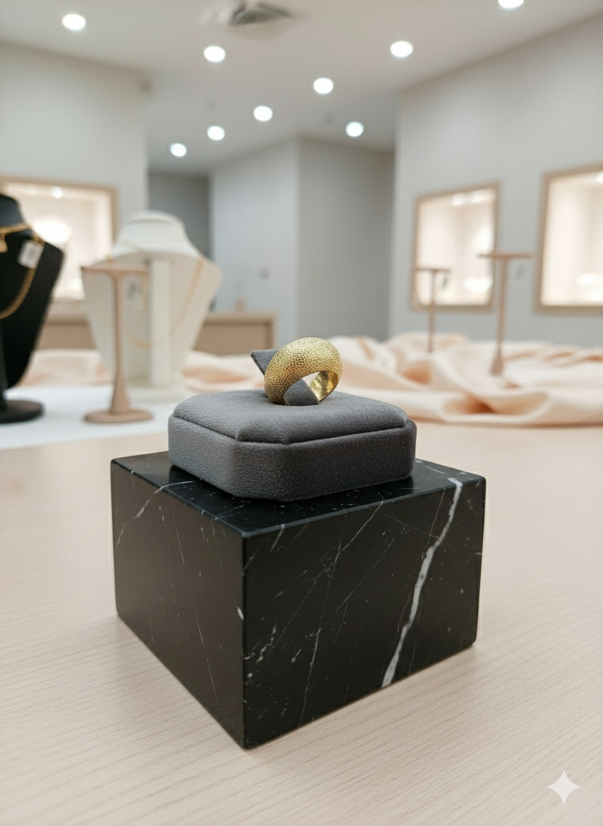 Gold ring on a gray cushion on a black marble stand in a jewelry store setting