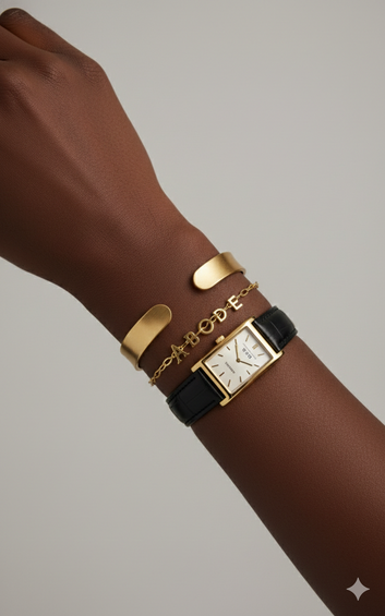 Gold and brown bracelet with a watch on a wrist against a neutral background