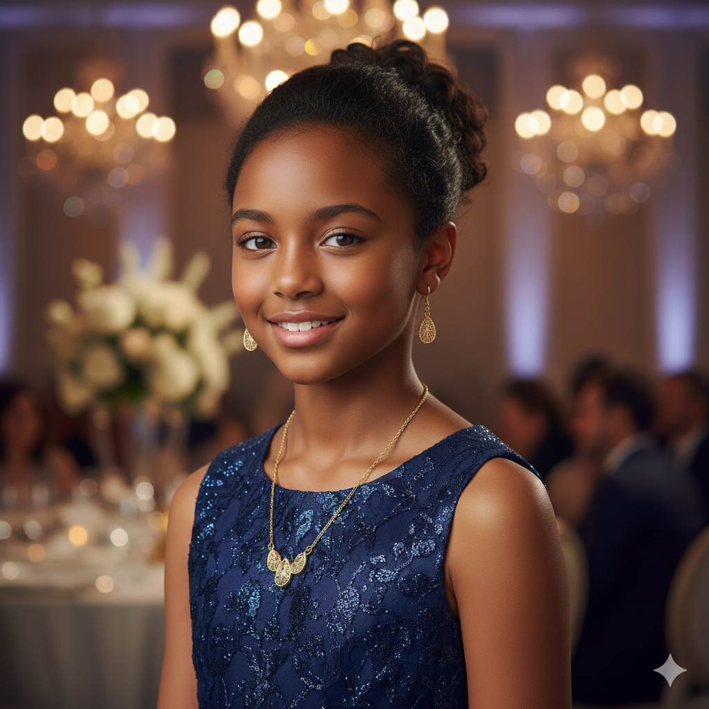 Young woman in a blue dress with gold jewelry in a formal setting
