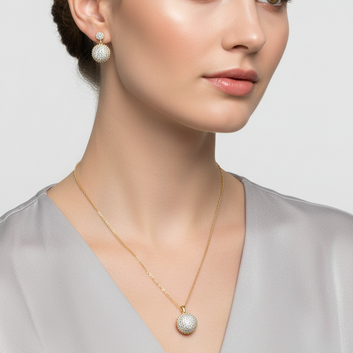 Woman wearing a pearl necklace and earrings against a plain background