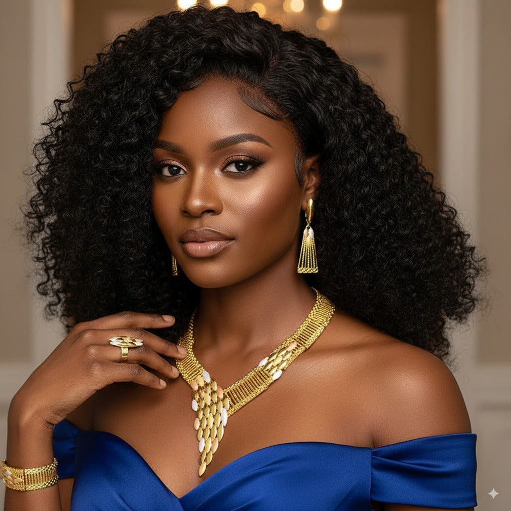 Woman wearing Morounke V-Shaped 18K Gold Plated Jewelry Set and a blue dress indoors